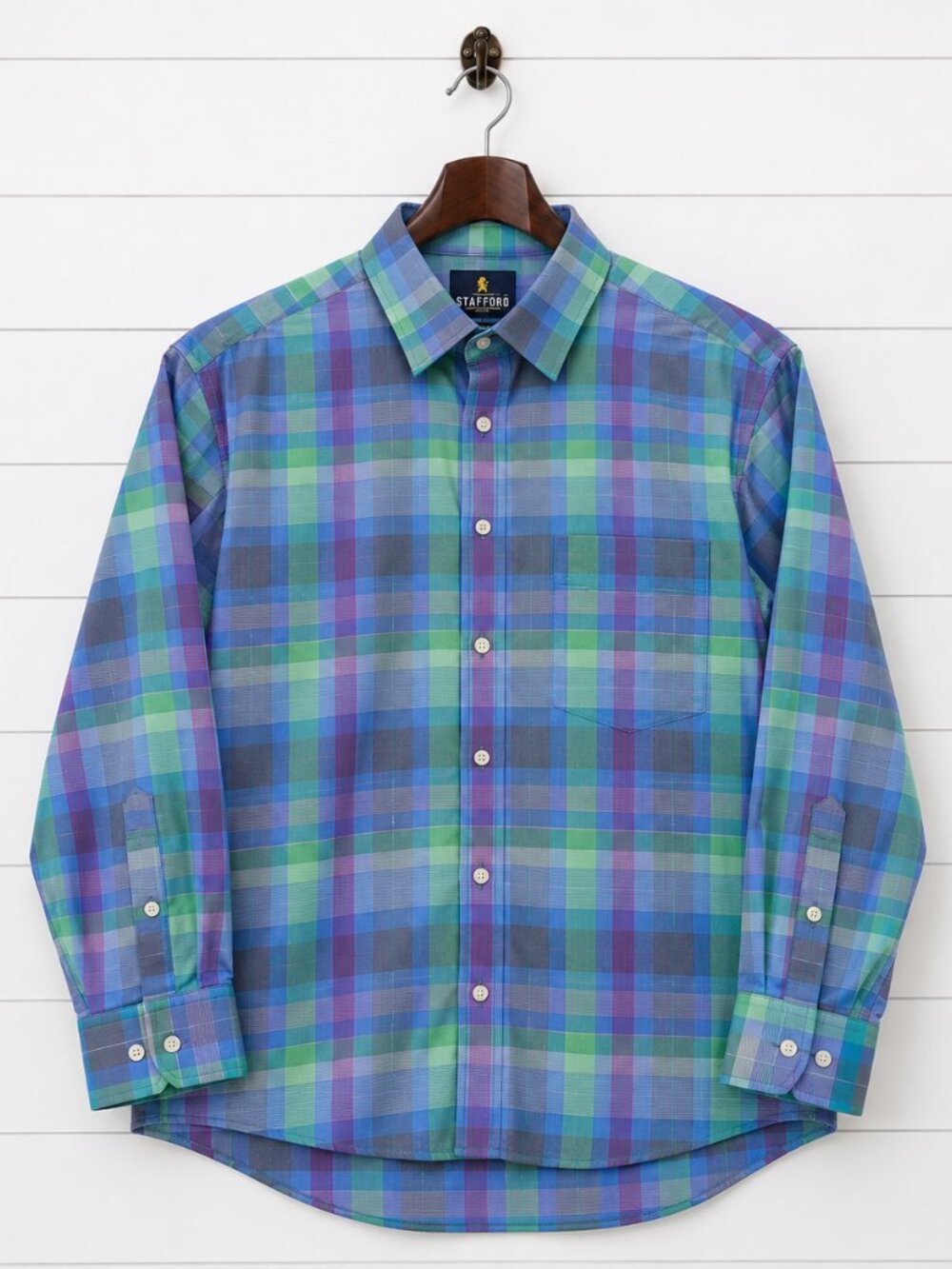 Stafford Tailored Culture Men’s Plaid Smart Tech Shirt L 16-16.5 32-33 Stretch